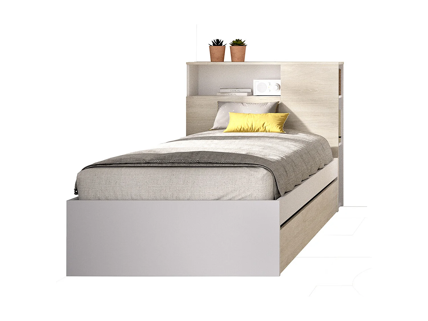 Tête de lit + structure de lit avec 1 tiroir pour enfant en bois coloris chêne naturel, blanc -Longueur 218 x Profondeur 97,50 x Hauteur 95 cm