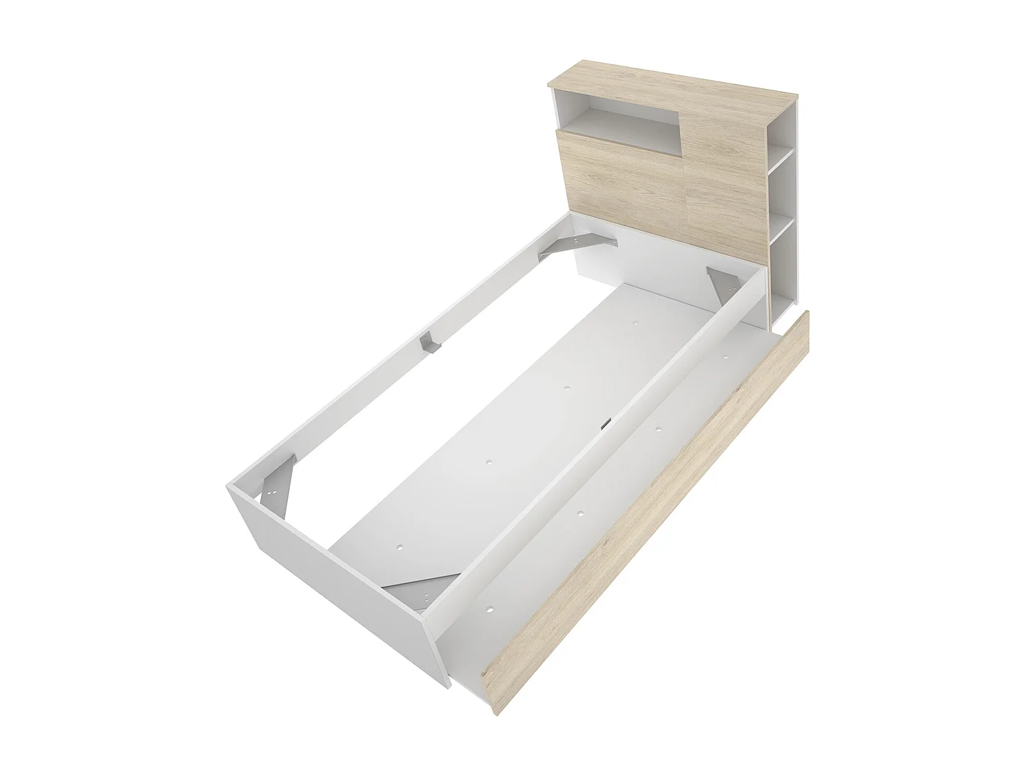 Tête de lit + structure de lit avec 1 tiroir pour enfant en bois coloris chêne naturel, blanc -Longueur 218 x Profondeur 97,50 x Hauteur 95 cm