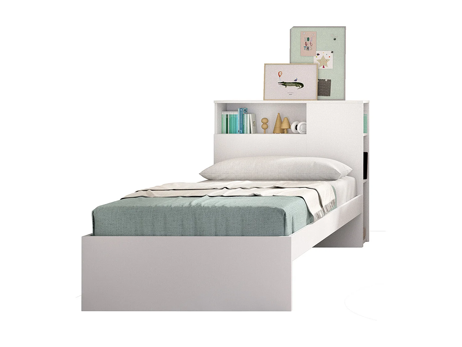 Tête de lit + structure de lit pour enfant en bois coloris blanc - Longueur 218 x Profondeur 97,50 x Hauteur 95 cm