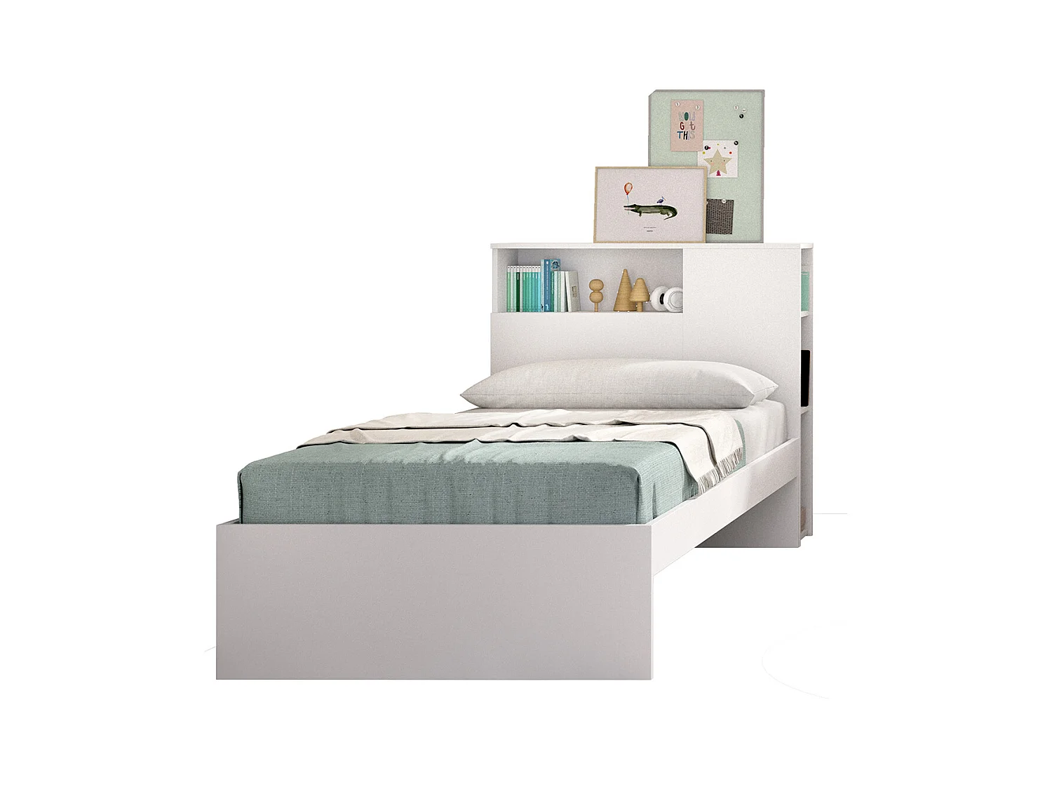Tête de lit + structure de lit pour enfant en bois coloris blanc - Longueur 218 x Profondeur 97,50 x Hauteur 95 cm
