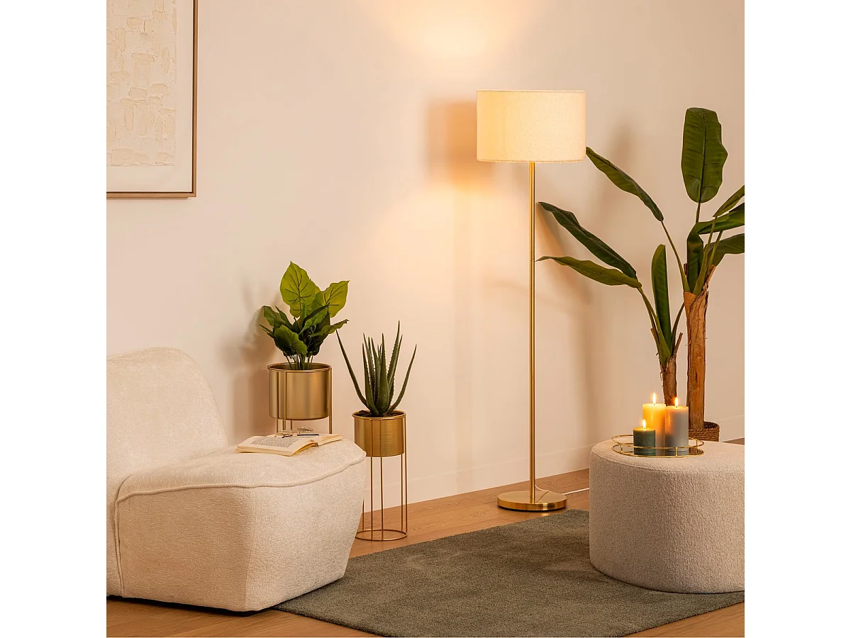 Lampadaire droit avec abat jour blanc en bouclette et pied doré diamètre 37 cm x hauteur 150 cm