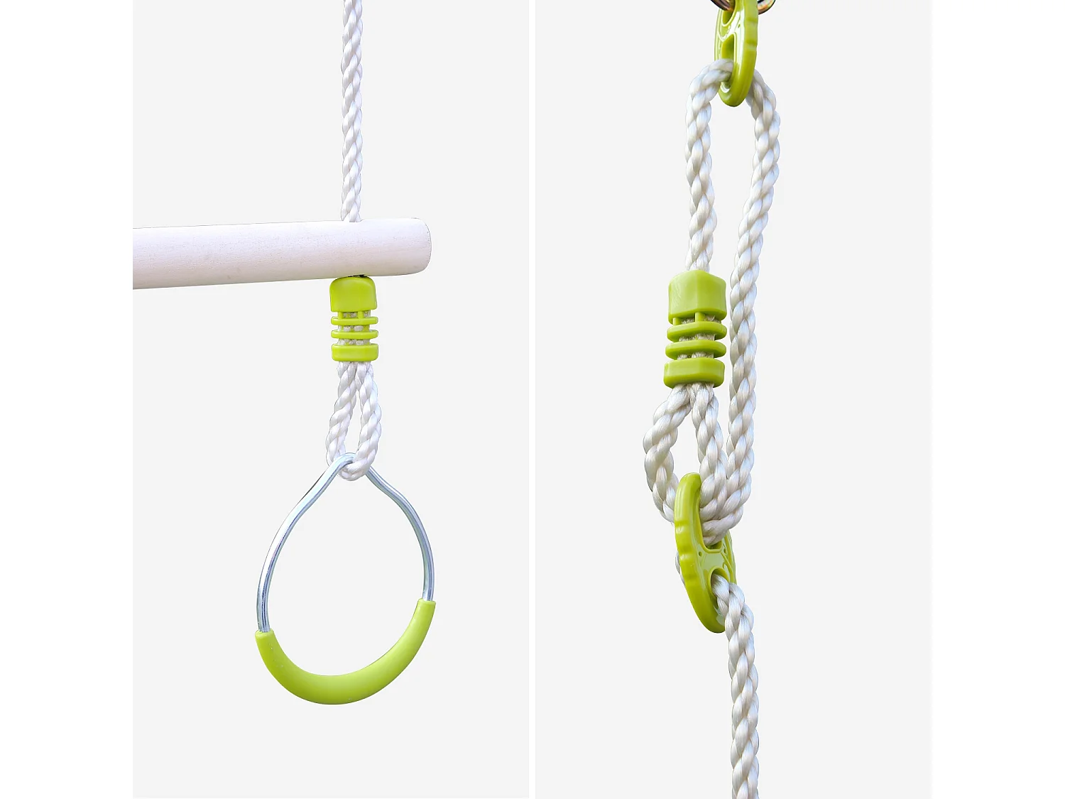 Trapecio de madera con anillas metálicas verde