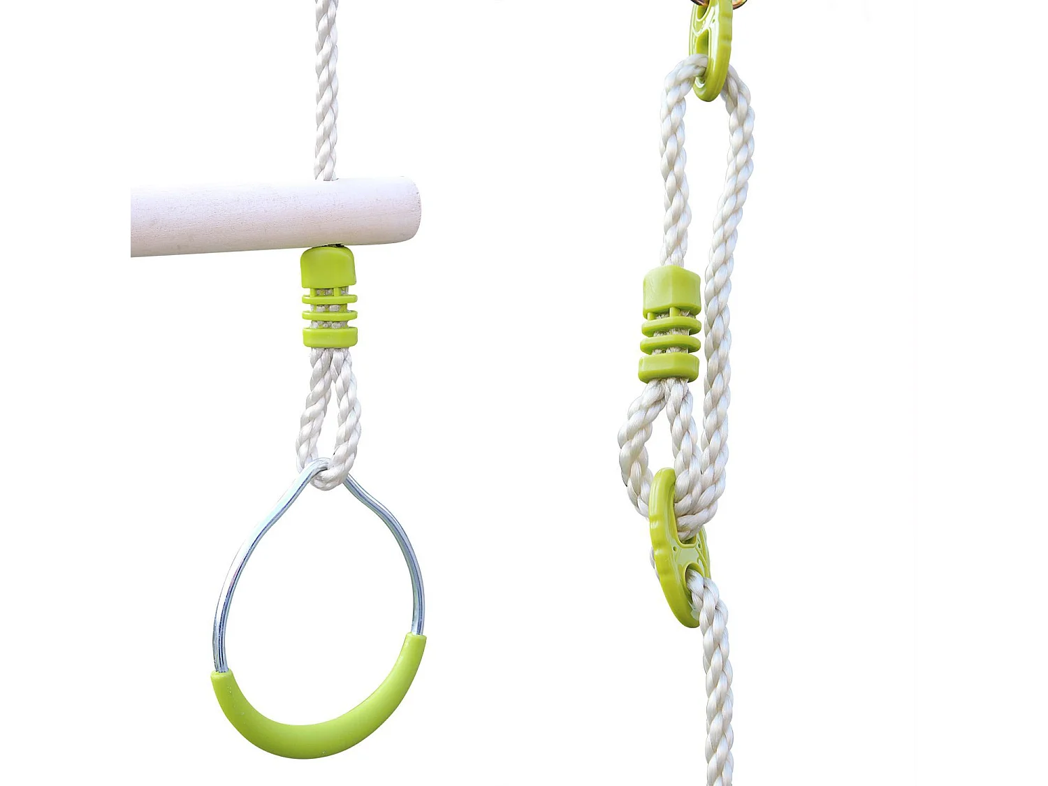 Trapecio de madera con anillas metálicas verde