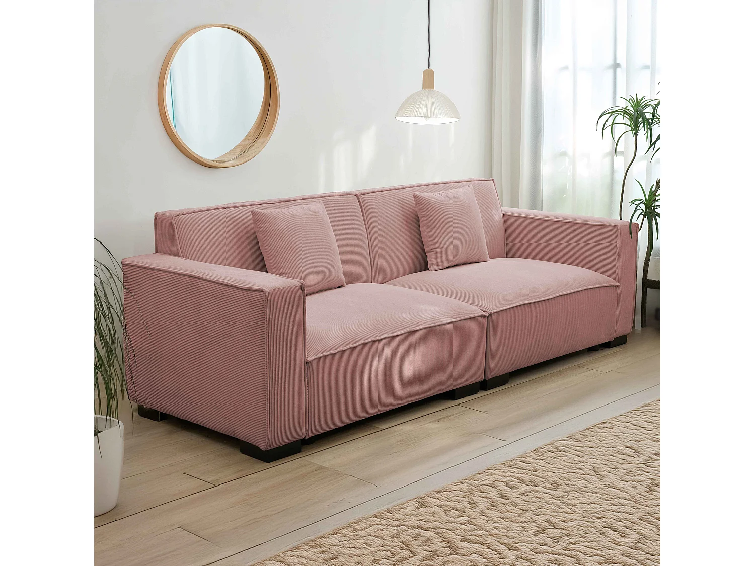 Canapé droit en velours côtelé 3 places rose L 230 cm