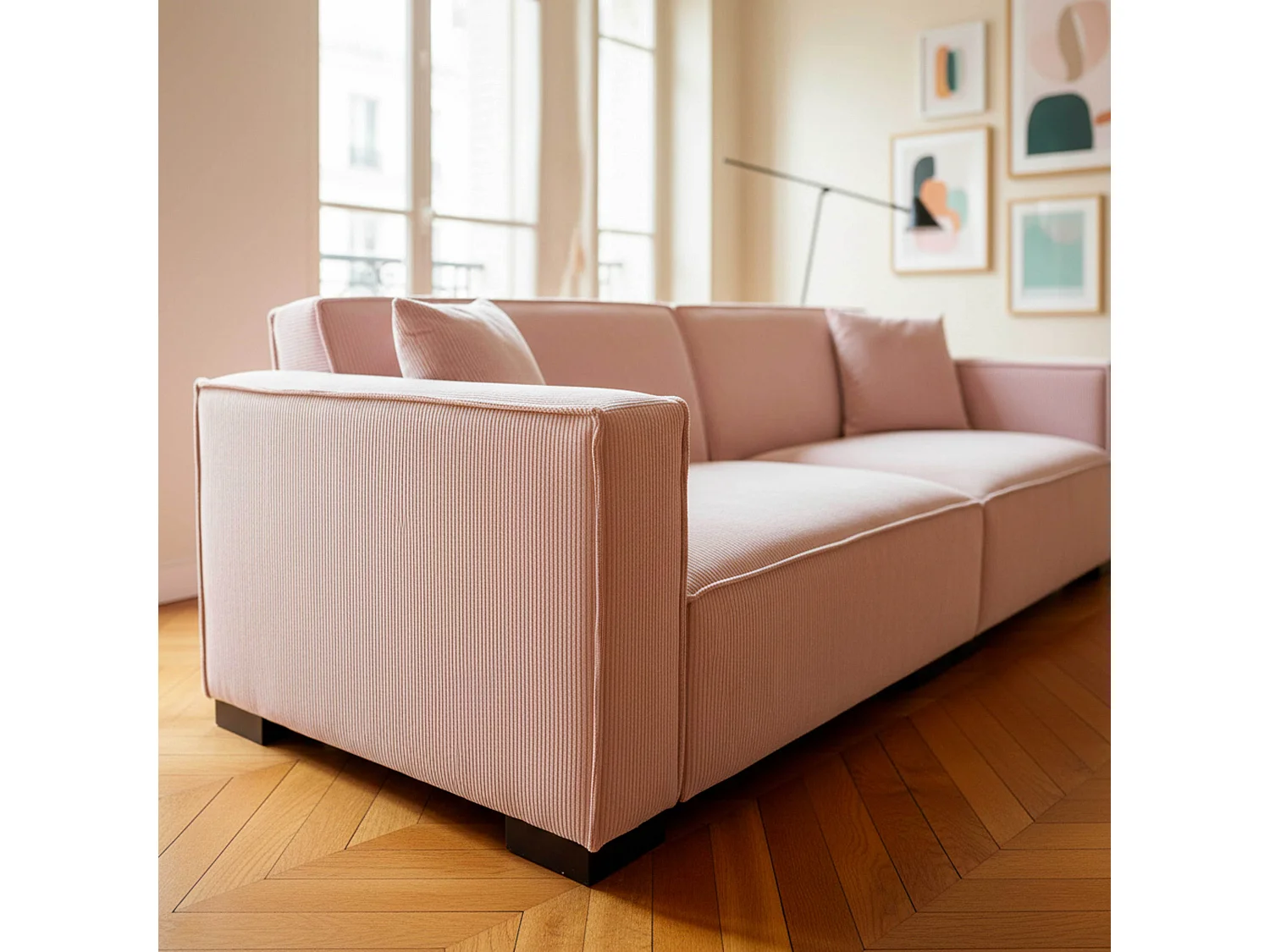 Canapé droit en velours côtelé 3 places rose L 230 cm