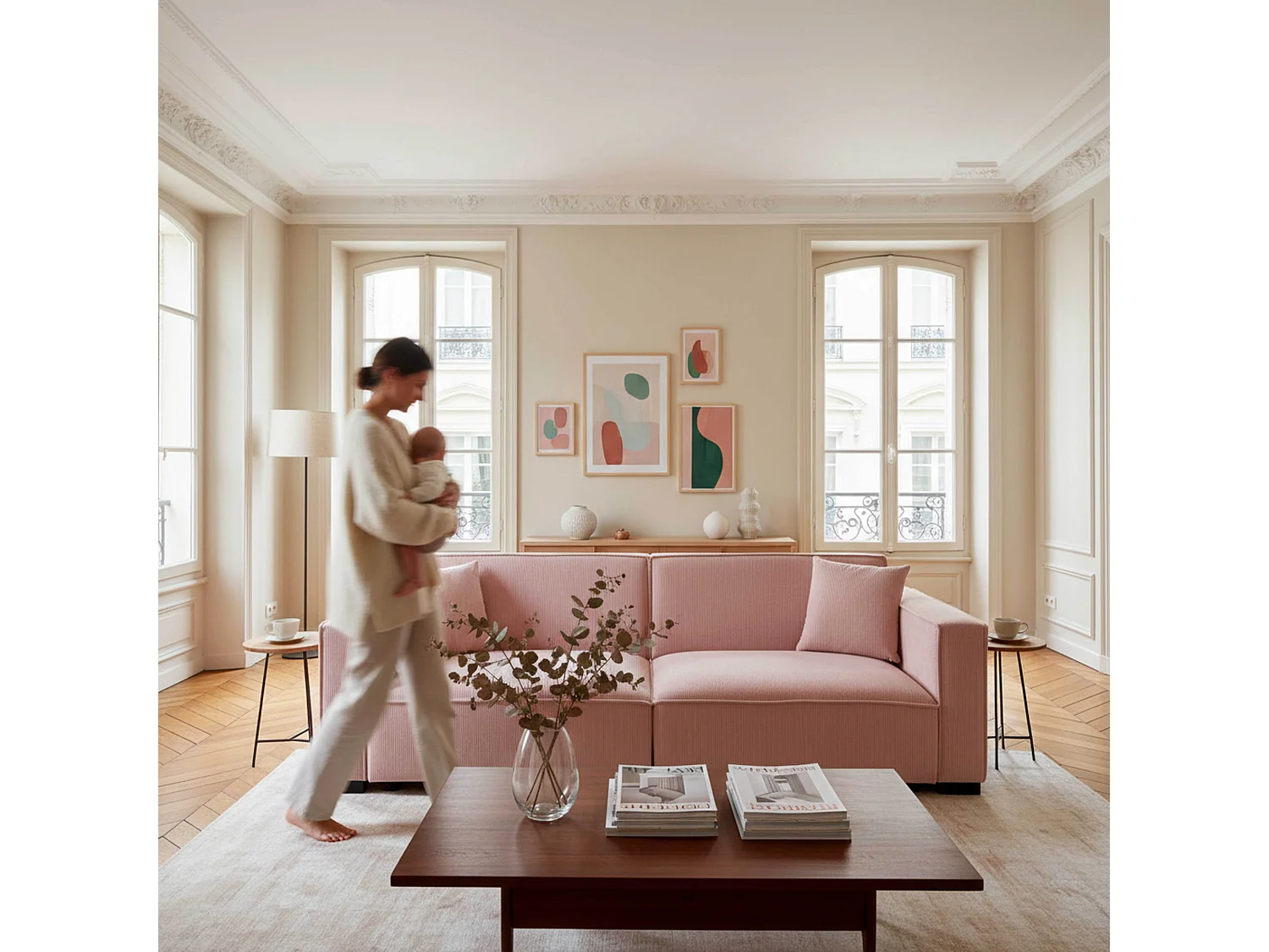 Canapé droit en velours côtelé 3 places rose L 230 cm