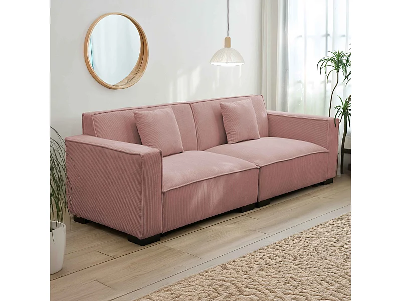 Canapé droit en velours côtelé 3 places rose L 230 cm