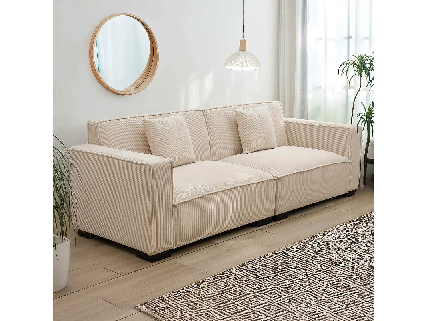 Ecru 3-zits rechte ribfluwelen bank L 230 cm