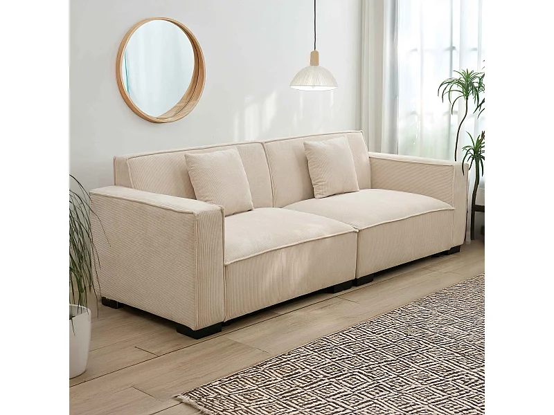 Canapé droit en velours côtelé 3 places écru L 230 cm