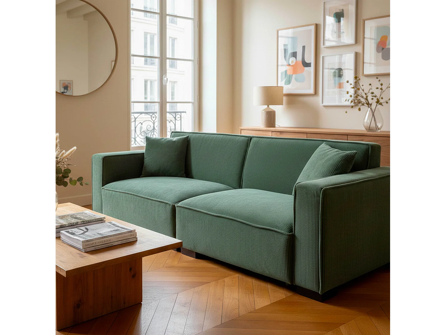 3-zits groene corduroy rechte bank L 230 cm