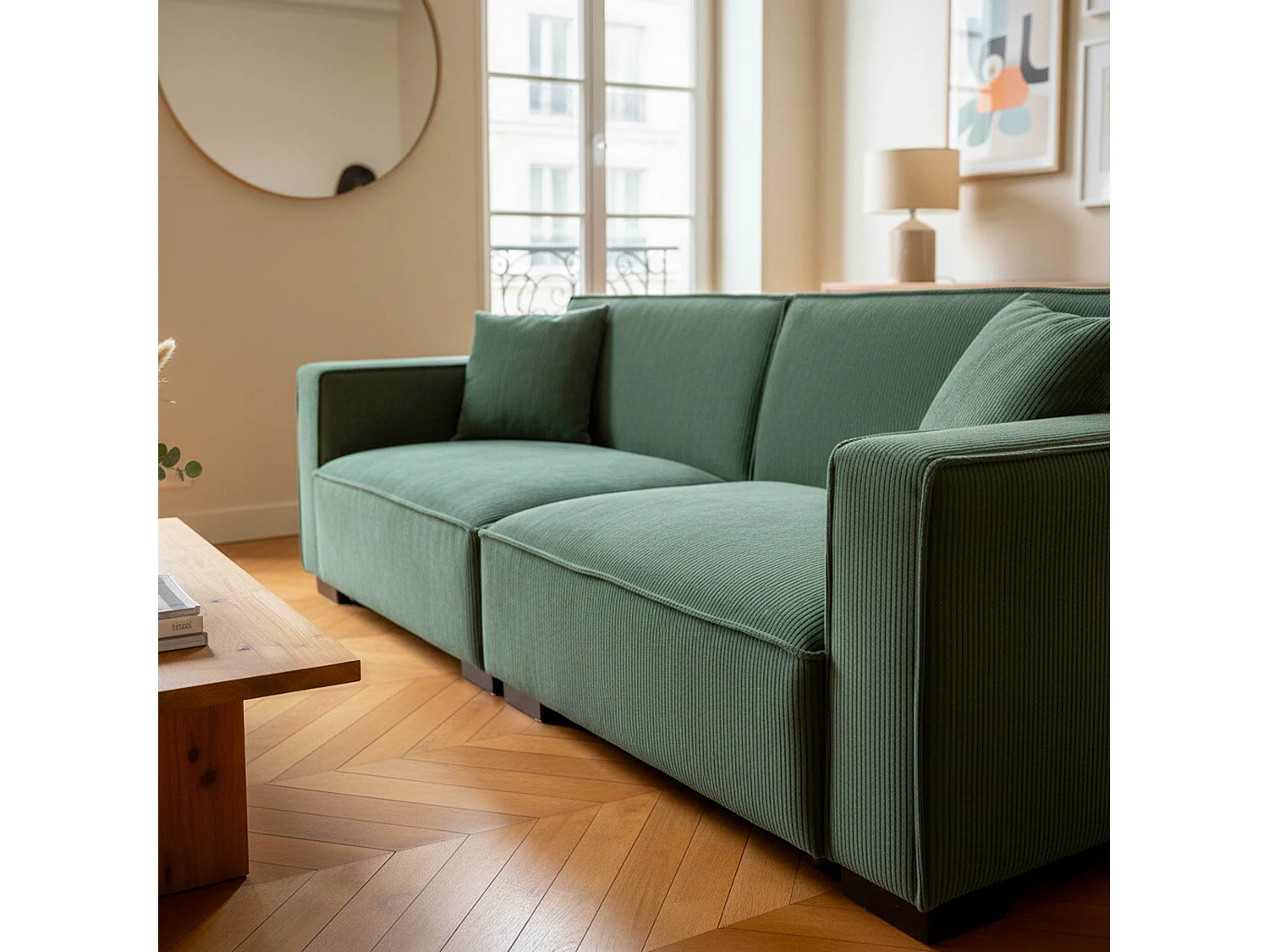 3-zits groene corduroy rechte bank L 230 cm