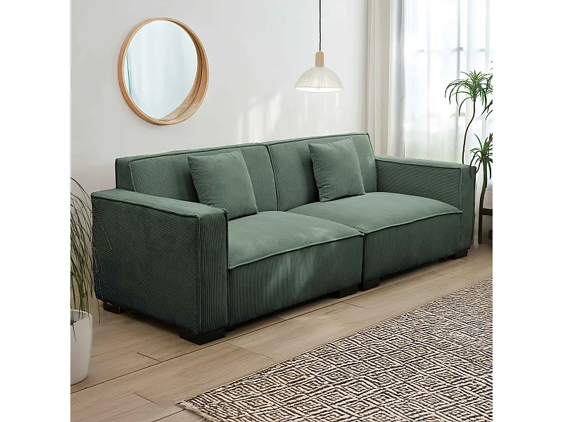 Canapé droit en velours côtelé 3 places vert L 230 cm