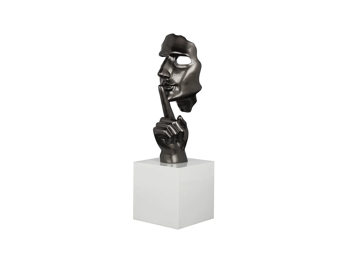 Sculpture "En Secreto" visage et main gris sur socle H57cm