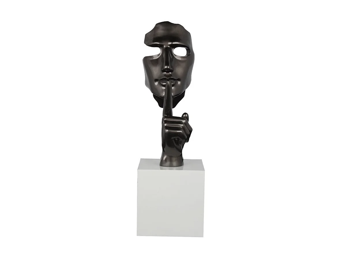 Sculpture "En Secreto" visage et main gris sur socle H57cm