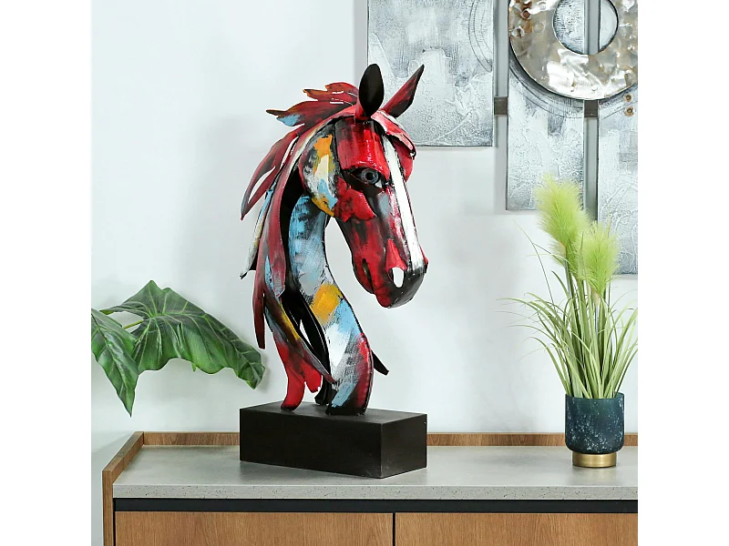 Tête de cheval en métal multicolore sur socle H75x47x21cm