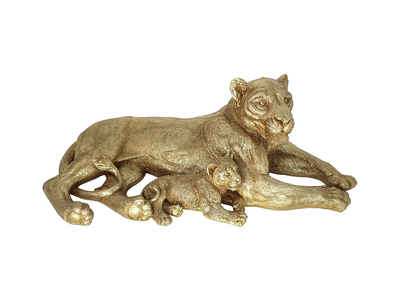 Sculpture moderne lionne et lionceau couleur dorée