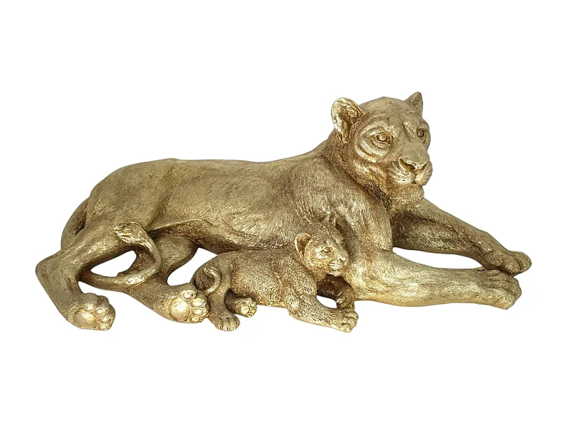 Sculpture moderne lionne et lionceau couleur dorée