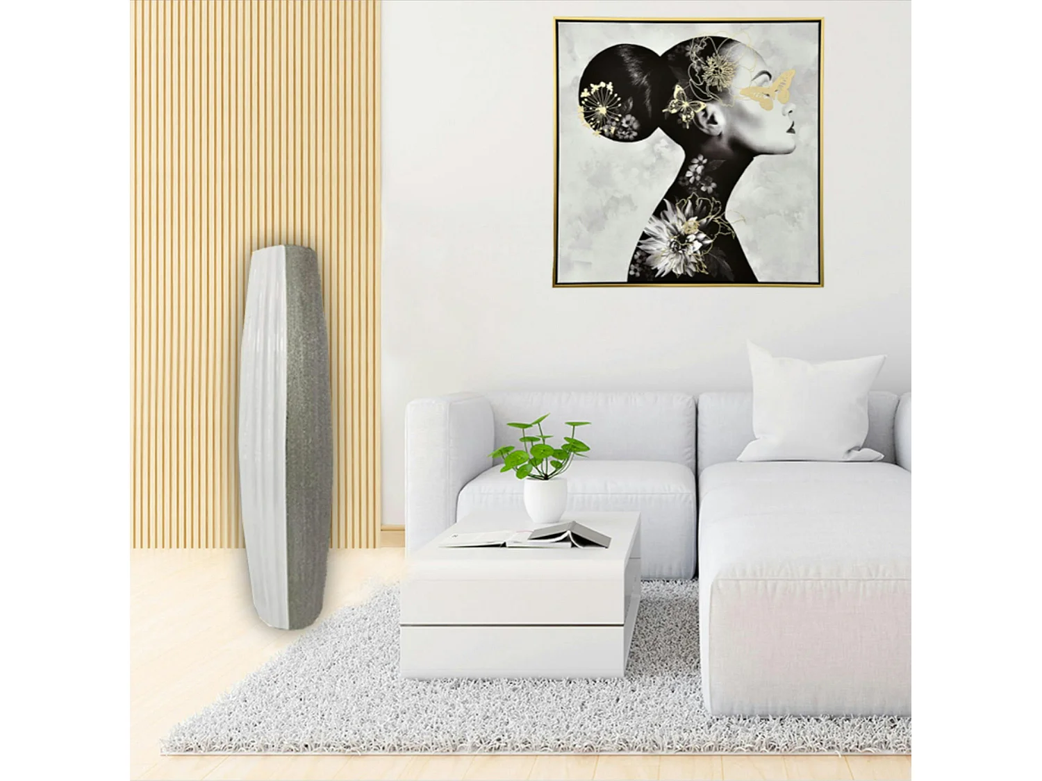 Grand vase décoratif blanc et argent