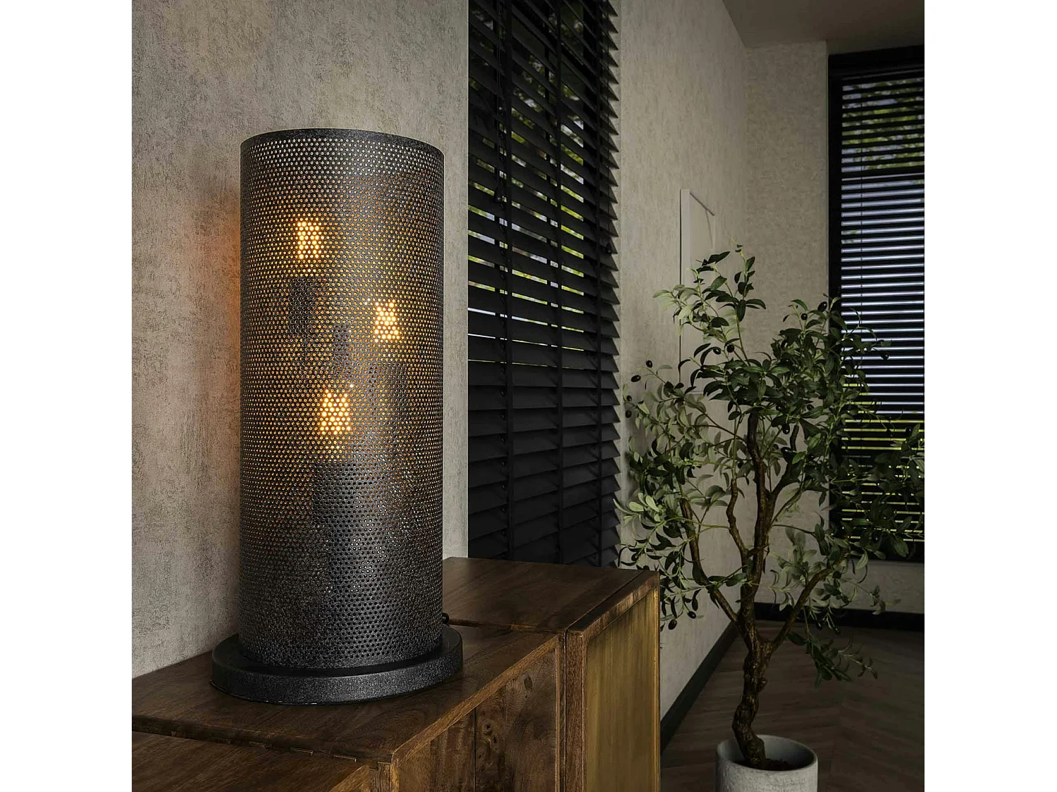 Lampe à poser design en métal noir perforé RALF