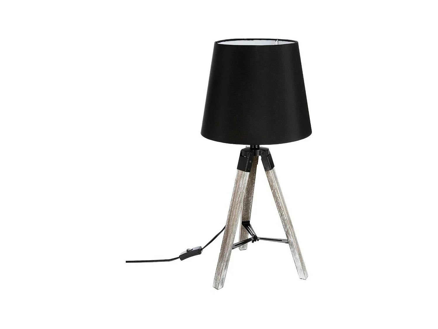 Lampe en bois grisé forme trépied et abat-jour coton noir D28xH58cm