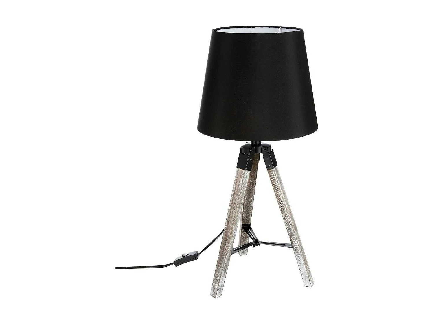 Lampe en bois grisé forme trépied et abat-jour coton noir D28xH58cm