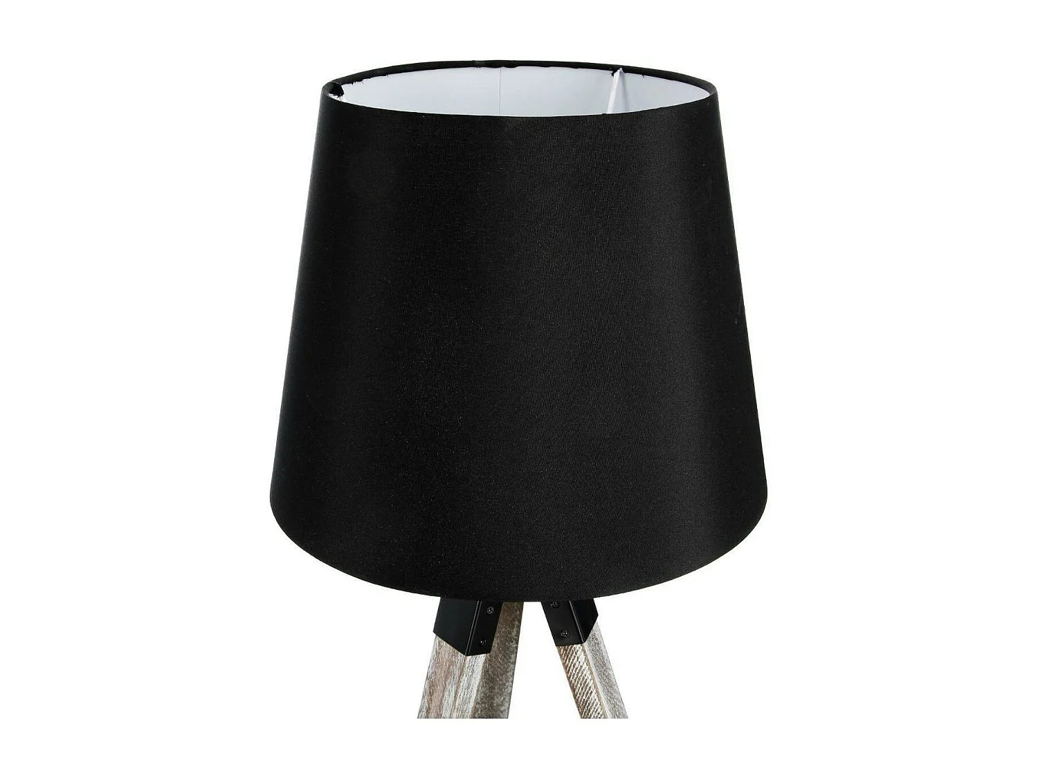 Lampe en bois grisé forme trépied et abat-jour coton noir D28xH58cm