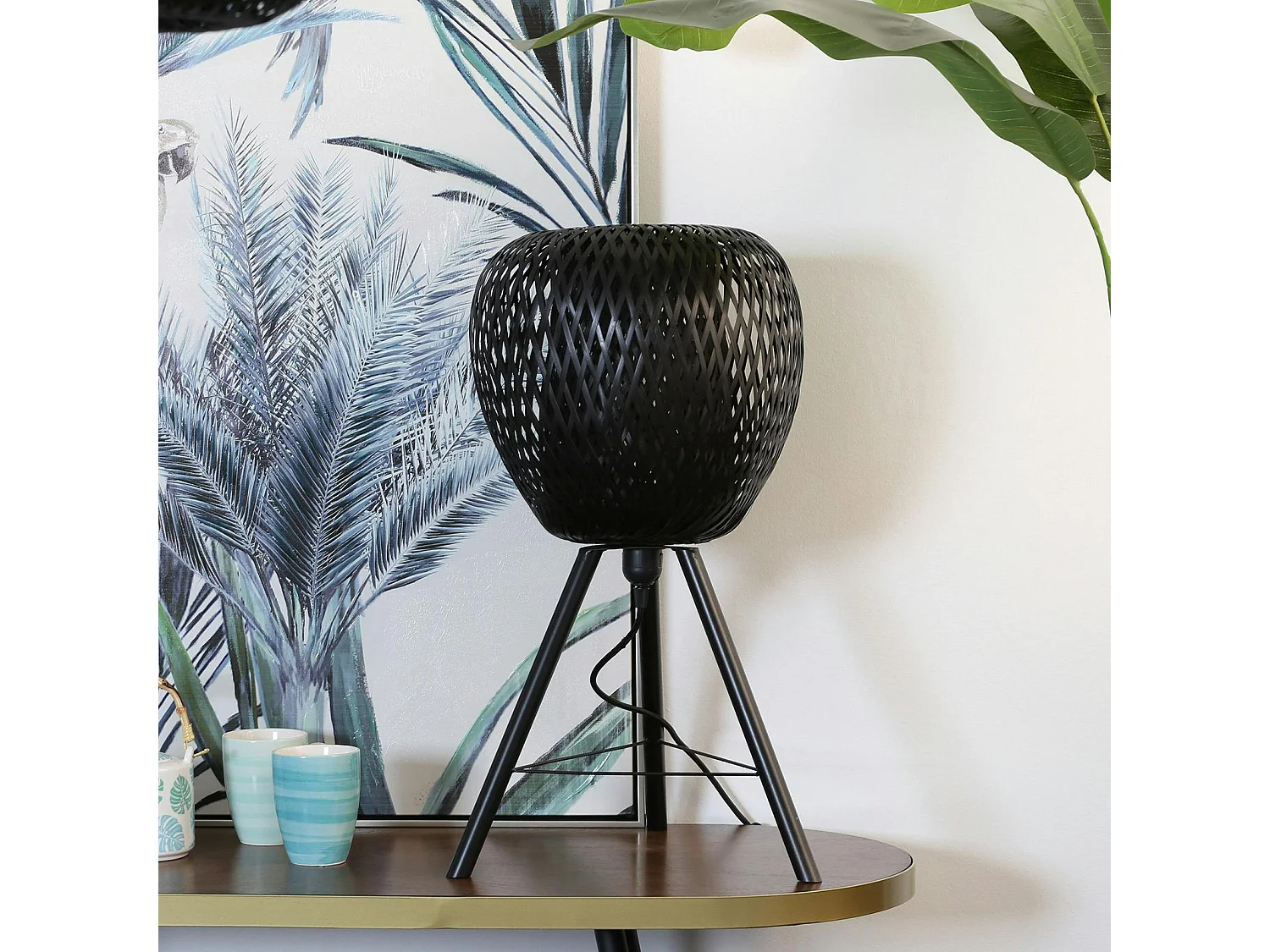 Lampe forme Pomme en bambou ajouré noir et pieds métal D33xH59cm