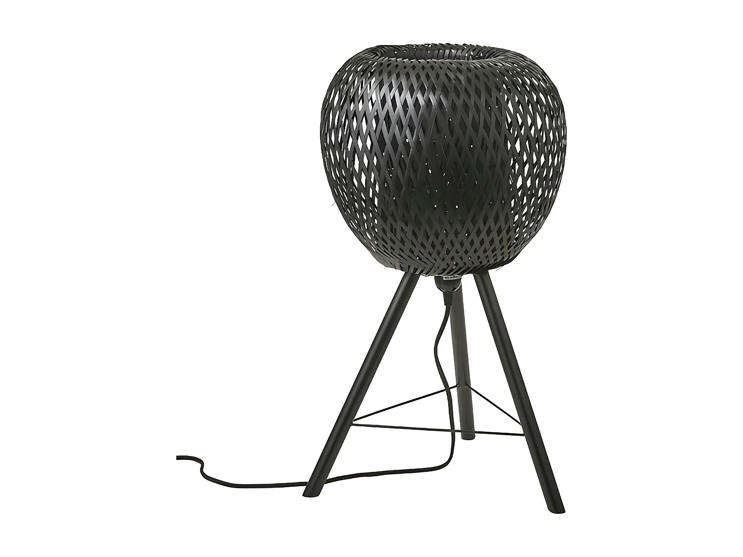 Lampe forme Pomme en bambou ajouré noir et pieds métal D33xH59cm