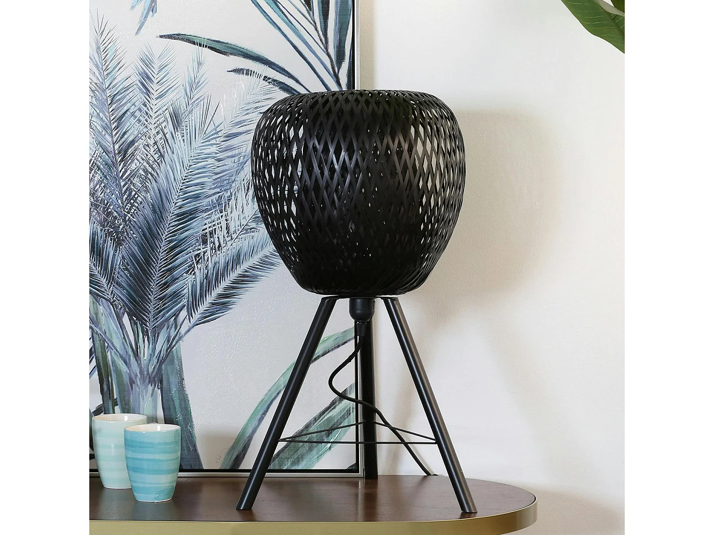 Lampe forme Pomme en bambou ajouré noir et pieds métal D33xH59cm