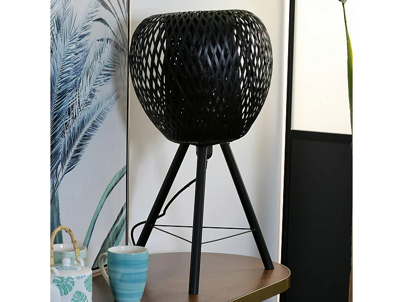 Lampe forme Pomme en bambou ajouré noir et pieds métal D33xH59cm
