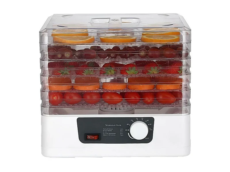 Voedseldroger 5 trays, 30-70°C, 350 W voedseldroger, voor het drogen van allerlei soorten groenten, fruit - 32x32x26,5 cm