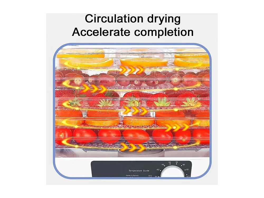 Déshydrateur à aliments 5 plateaux, 30-70°C, séchoir alimentaire 350 W, pour sécher toutes sortes de légumes, fruits - 32x32x26.5 cm