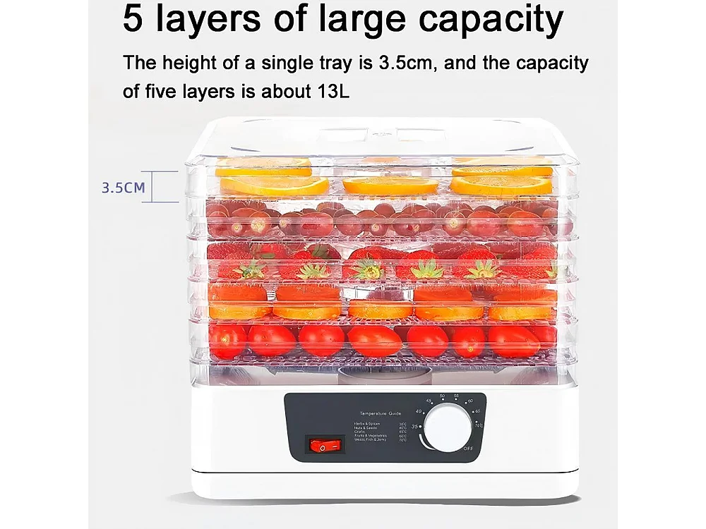 Déshydrateur à aliments 5 plateaux, 30-70°C, séchoir alimentaire 350 W, pour sécher toutes sortes de légumes, fruits - 32x32x26.5 cm