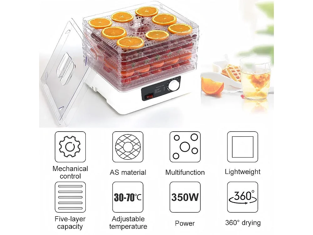 Déshydrateur à aliments 5 plateaux, 30-70°C, séchoir alimentaire 350 W, pour sécher toutes sortes de légumes, fruits - 32x32x26.5 cm