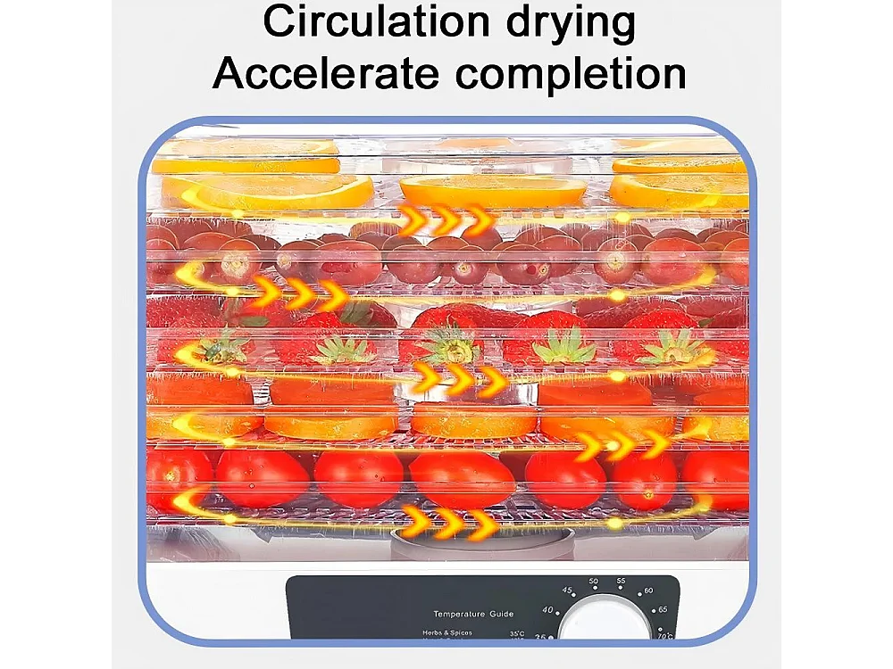 Déshydrateur à aliments 5 plateaux, 30-70°C, séchoir alimentaire 350 W, pour sécher toutes sortes de légumes, fruits - 32x32x26.5 cm