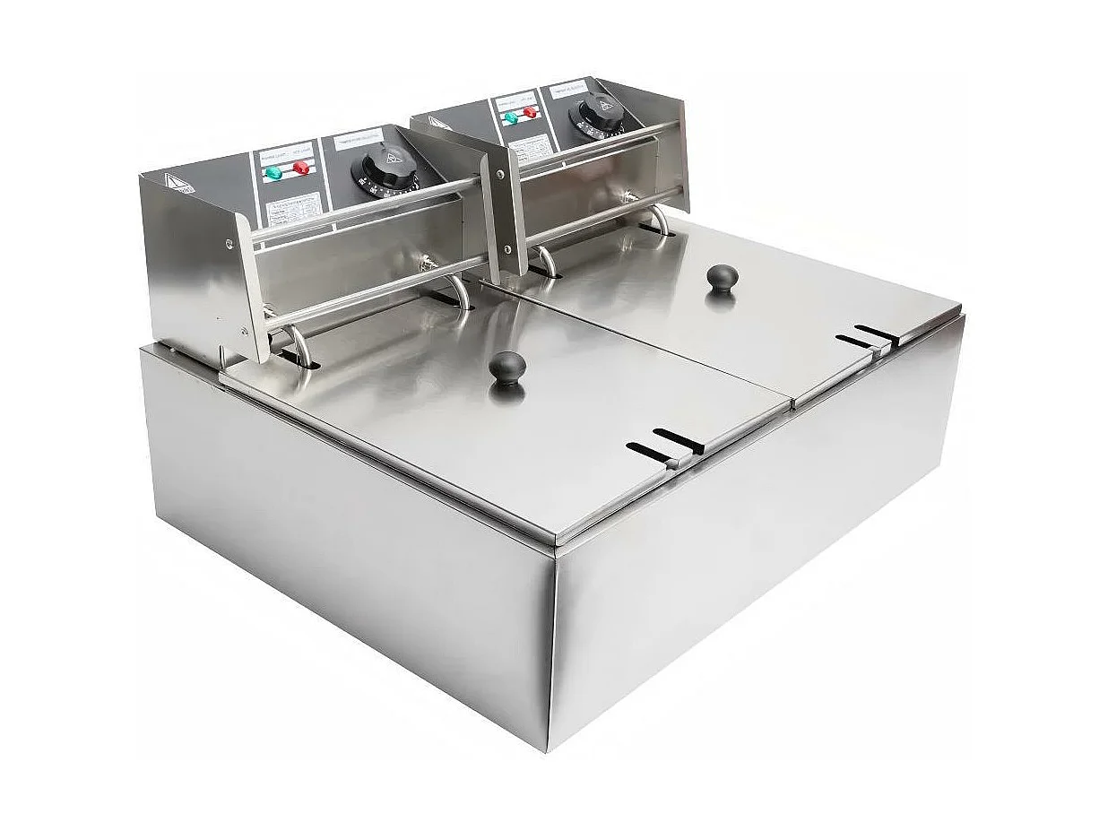 Elektrische friteuse 5000 W, dubbele tank 12 liter, 60 ºC tot 200 ºC, commerciële roestvrijstalen friteuse, 55x43x28,5 CM