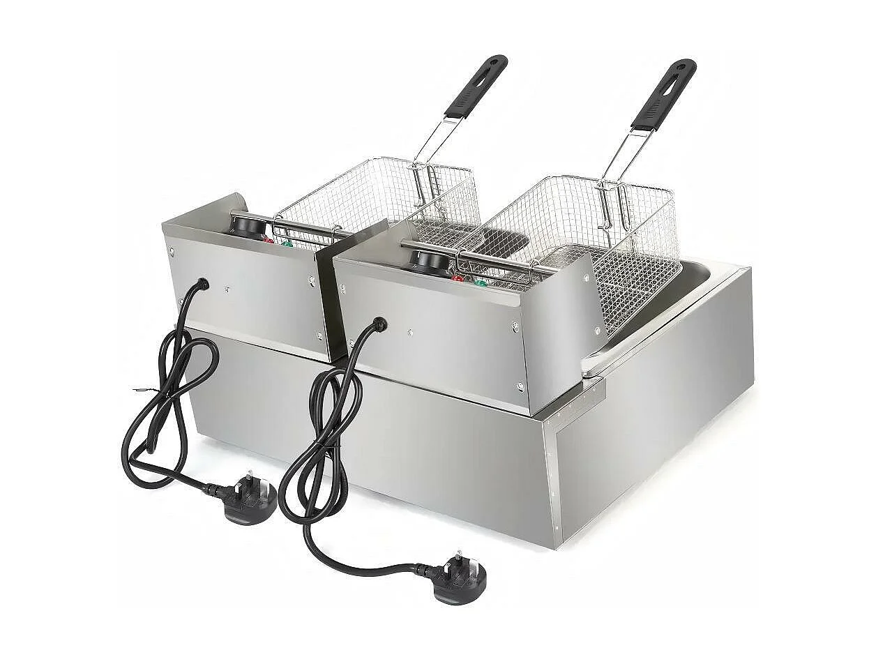 Elektrische friteuse 5000 W, dubbele tank 12 liter, 60 ºC tot 200 ºC, commerciële roestvrijstalen friteuse, 55x43x28,5 CM