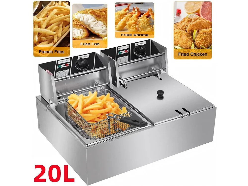 Elektrische friteuse 5000 W, dubbele tank 12 liter, 60 ºC tot 200 ºC, commerciële roestvrijstalen friteuse, 55x43x28,5 CM