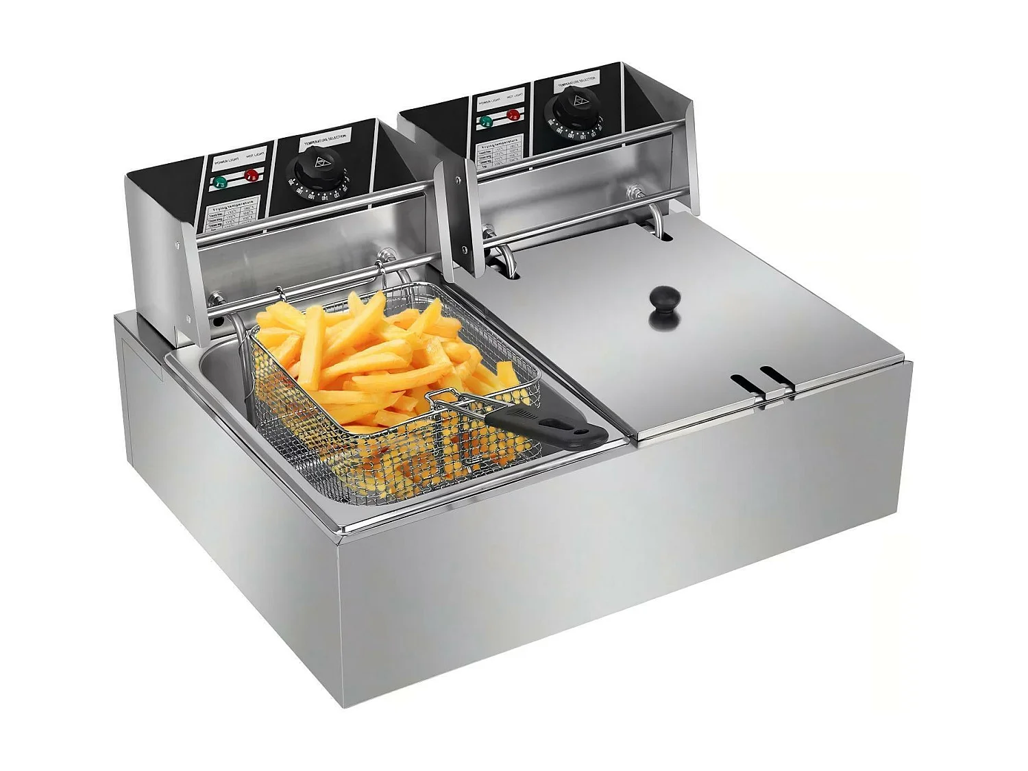 Elektrische friteuse 5000 W, dubbele tank 12 liter, 60 ºC tot 200 ºC, commerciële roestvrijstalen friteuse, 55x43x28,5 CM