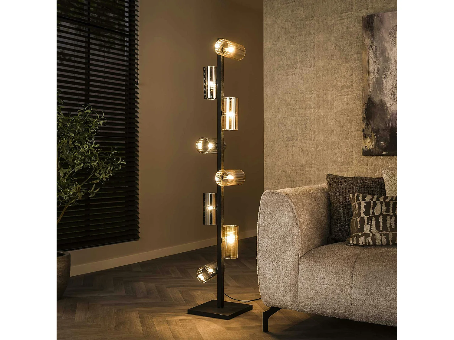 Lampadaire en verre ambré et chromé, 8 abat-jour RALF