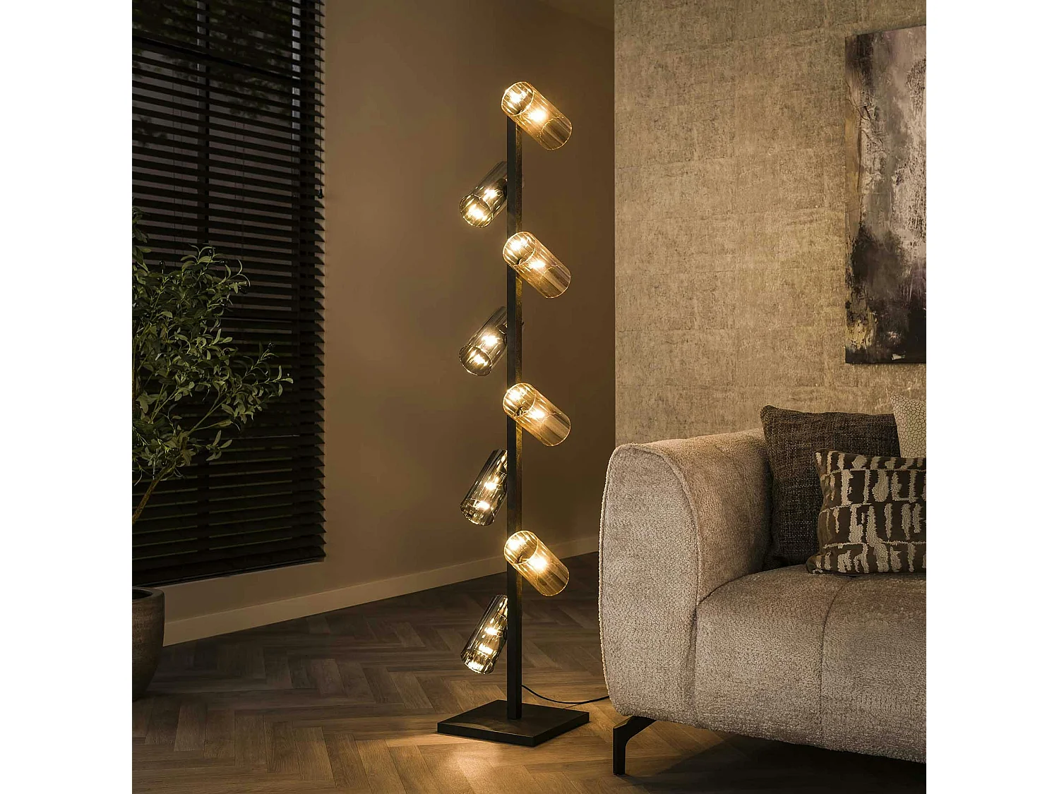 Lampadaire en verre ambré et chromé, 8 abat-jour RALF