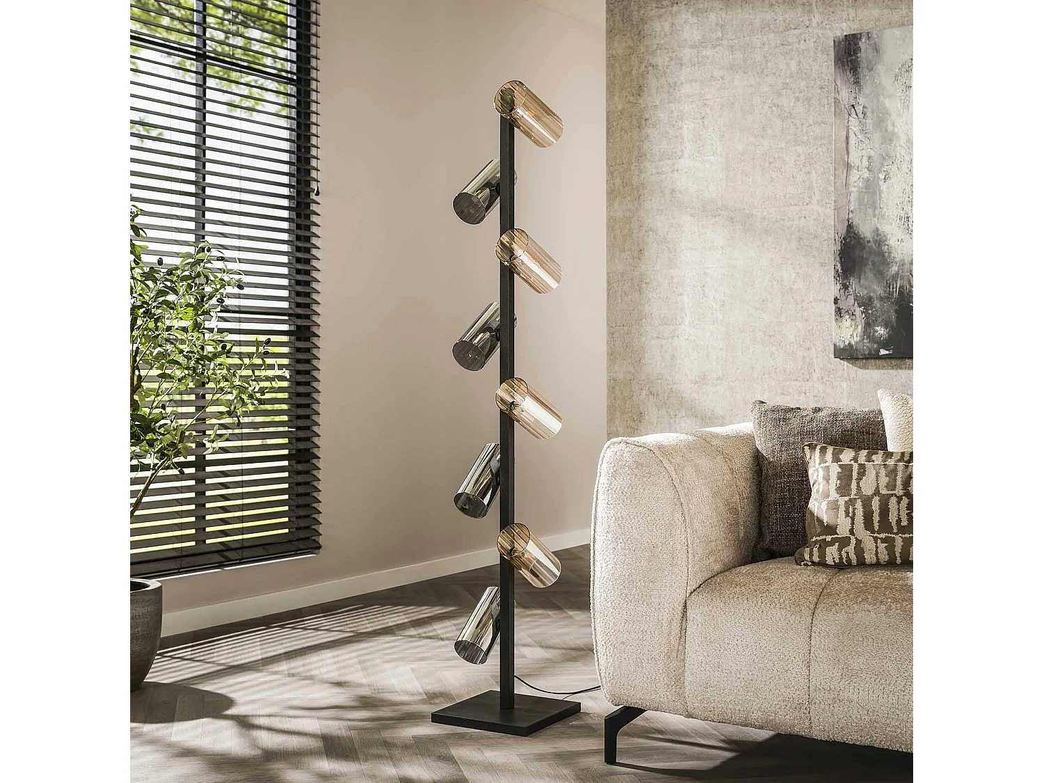 Lampadaire en verre ambré et chromé, 8 abat-jour RALF