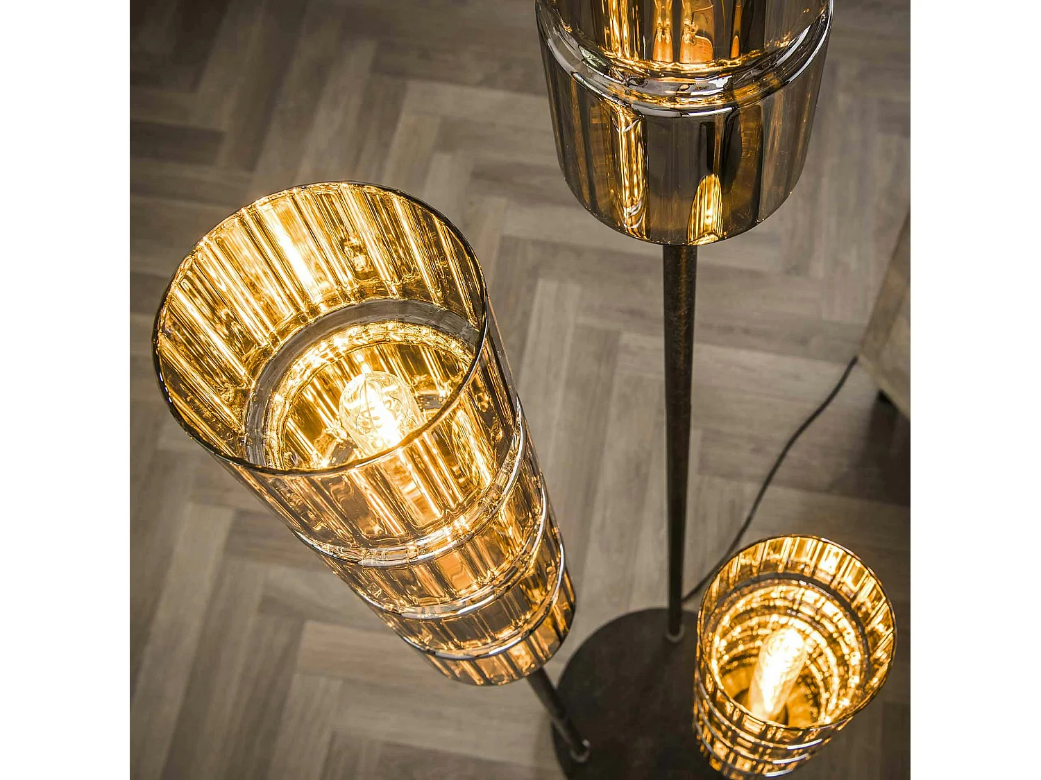 Lampadaire design en verre chromé, 3 abat-jour cylindriques RALF