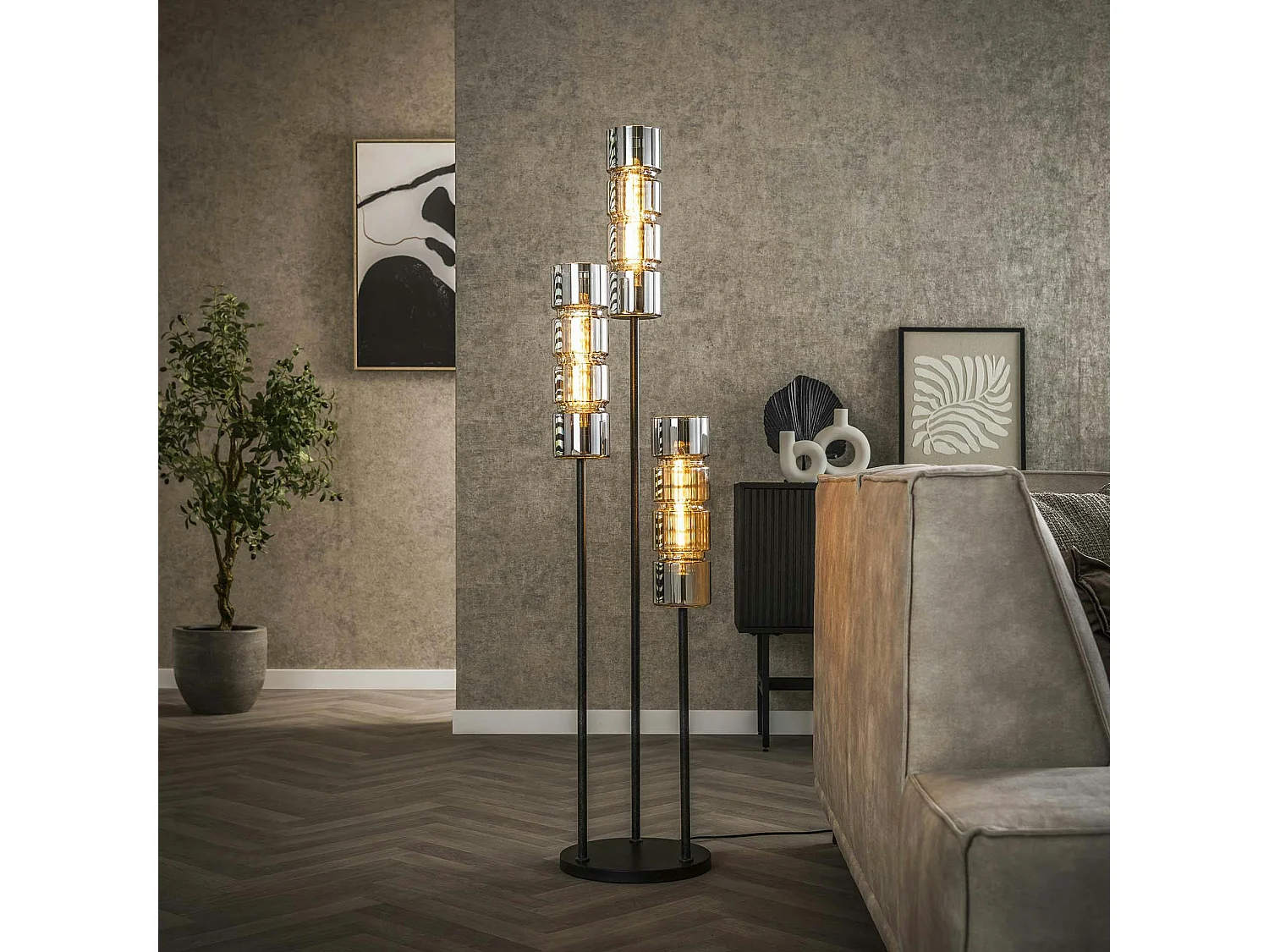 Lampadaire design en verre chromé, 3 abat-jour cylindriques RALF