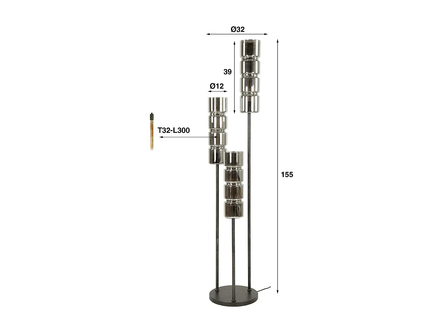 Lampadaire design en verre chromé, 3 abat-jour cylindriques RALF