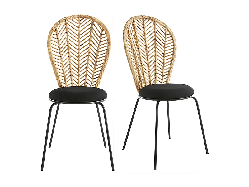 Set de 2 sillas negras de ratán, tela y metal PEACOCK