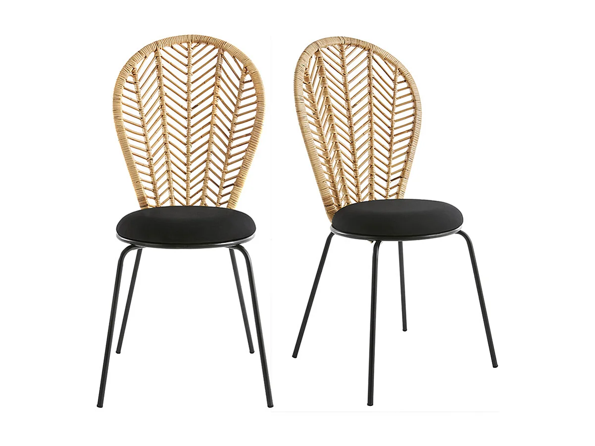 Set de 2 sillas negras de ratán, tela y metal PEACOCK