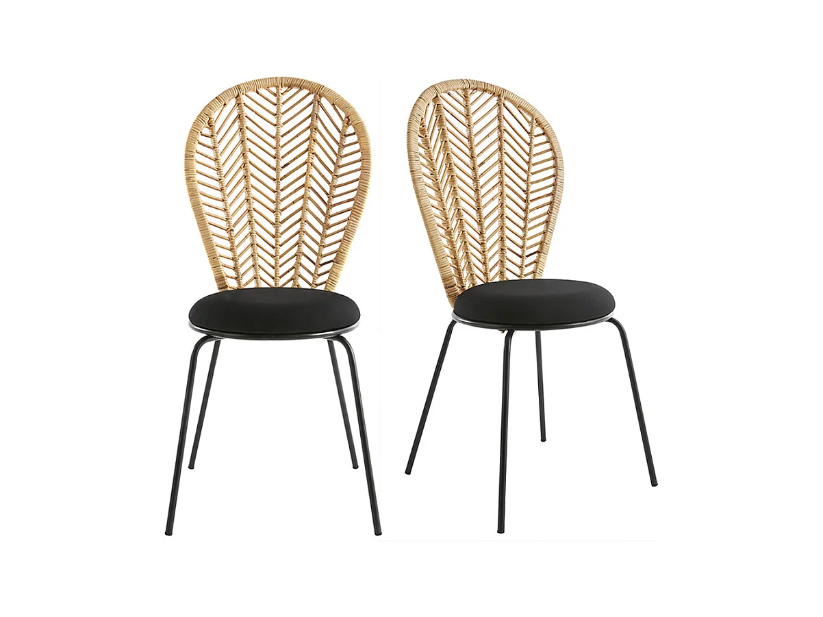 Chaises en rotin, tissu et métal noir (lot de 2) PEACOCK
