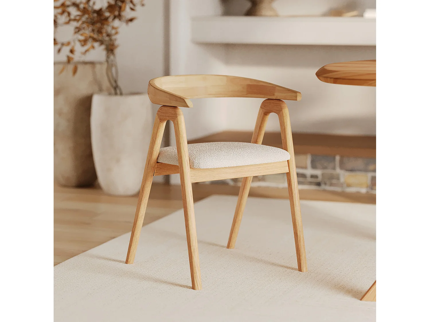 Sedia in legno di hevea chiara e tessuto bouclé crema - Hawa