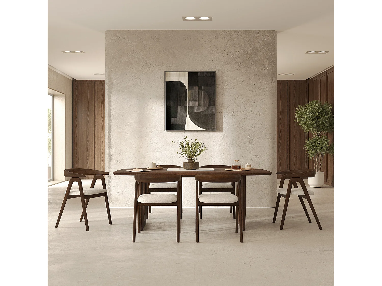 Chaise en bois d'hévéa foncé et tissu bouclé crème - Hawa